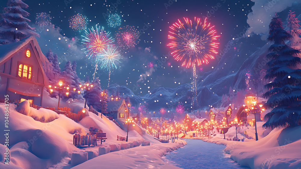 Fototapeta premium A bright and playful winter scene with fireworks illuminating a cartoonish snowy city, vibrant colors popping against the white landscape 