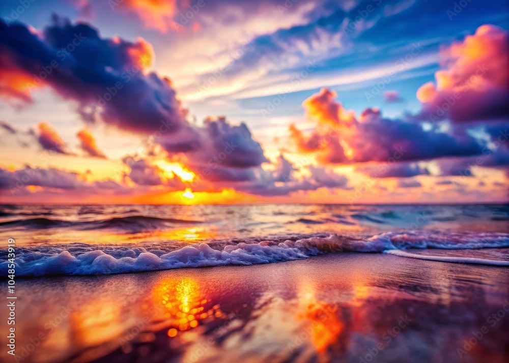 Obraz premium Evening Sea Colors Tilt-Shift Photography, Breathtaking Sunset Over Ocean, Vibrant Reflections, Tranquil Waters, Scenic Coastal Views, Artistic Shallow Focus, Nature's Beauty