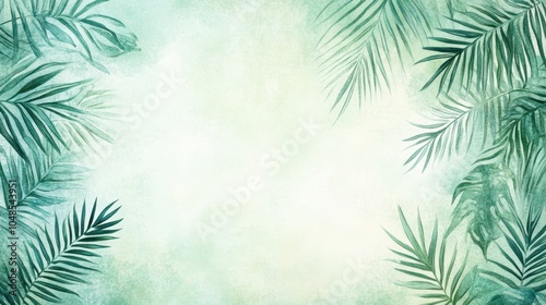 Watercolor Green Palm Leaf Frame Border with White Copy Space for Text Background Design