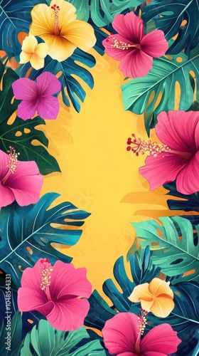 Vibrant Tropical Flowers and Monstera Leaves Frame a Yellow Background - Summer Design.