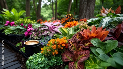 a shaded garden. lush foliage, Hot coffee near flowers, vibrant colors, and variety of textures. serene backyard with tall trees, dappled sunlight photo