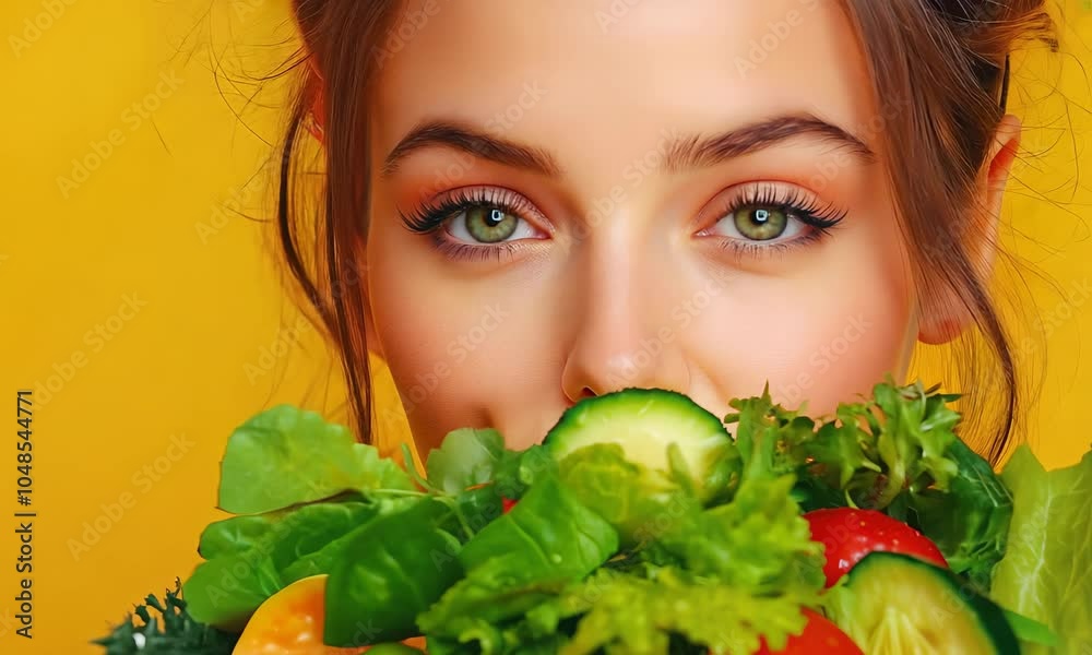 A woman surrounded by fresh vegetables, promoting a healthy lifestyle and the beauty of natures colors.