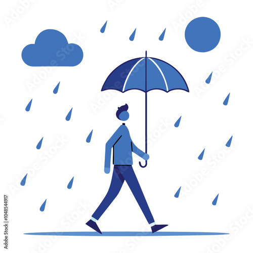 Lonely Figure in Rain with Umbrella – Melancholy, Solitude, Blue Monday Mood, Emotional Art