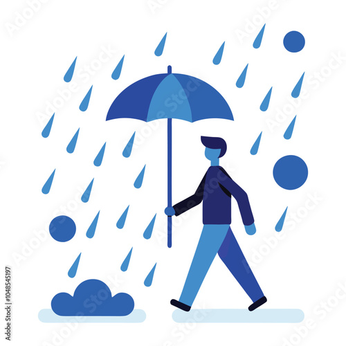 Lonely Figure in Rain with Umbrella – Melancholy, Solitude, Blue Monday Mood, Emotional Art