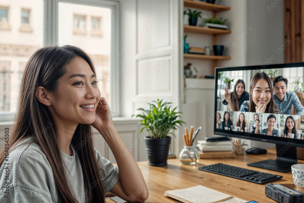 Portrait of happy beautiful young Asian woman making video call chatting with friends on computer at home. E-dating services modern tech for fun Portrait of happy beautiful young Asian woman making video call chatting with friends on computer at home. E-dating services modern tech for fun