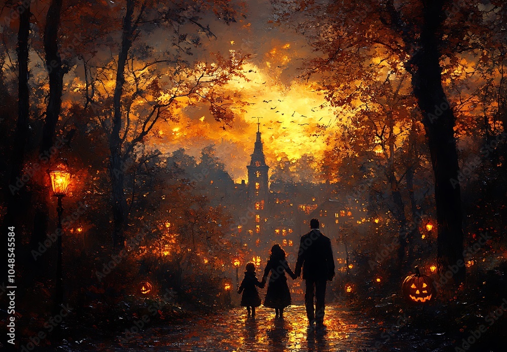 Fototapeta premium Two People Holding Hands and Walking Through a Forest with Pumpkins.