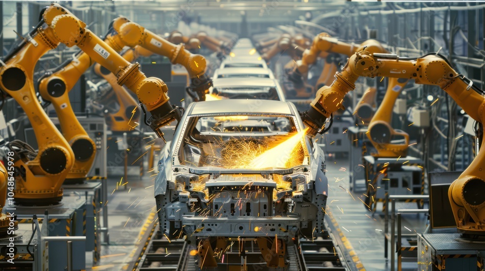 Industrial Robots Welding Car Chassis on Assembly Line Industrial Robots Welding Car Chassis on Assembly Line