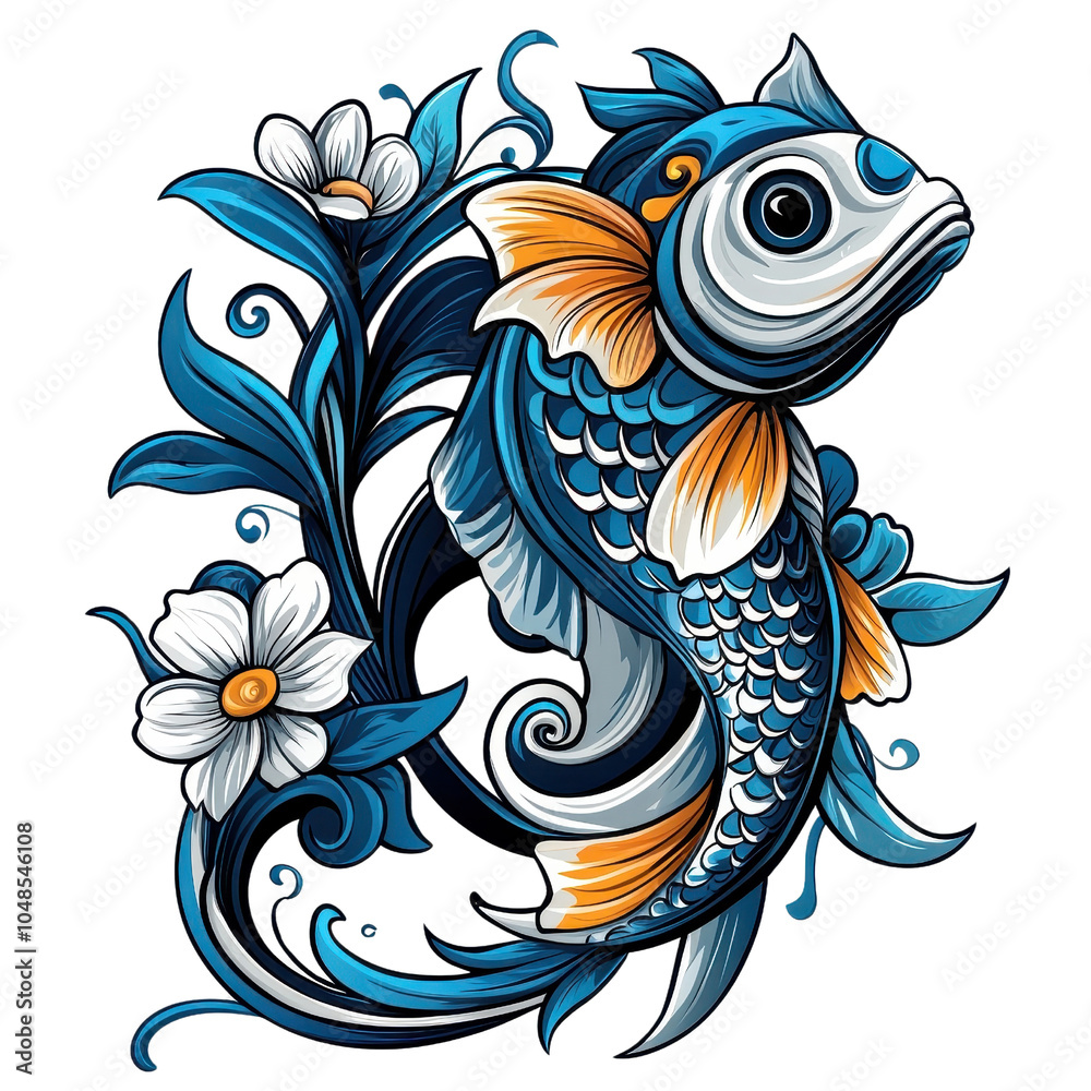 Fototapeta premium An Art Nouveau style catfish, isolate on white background, characterized by flowing lines and elegance. cutout png