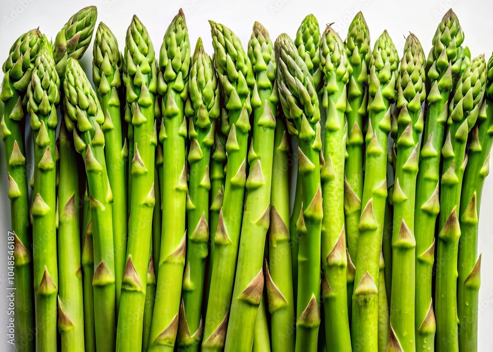 Fototapeta premium Fresh Green Asparagus Stalks on White Background - Healthy Vegetables, Organic Produce, Culinary Ingredients, Green Asparagus, Food Photography, Freshness, Farm-to-Table