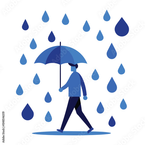 Lonely Figure in Rain with Umbrella – Melancholy, Solitude, Blue Monday Mood, Emotional Art