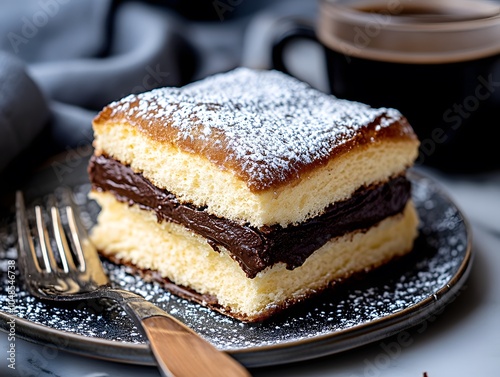 Wallpaper Mural Chocolate cream-filled sponge cake with powdered sugar on black plate and coffee in background Torontodigital.ca
