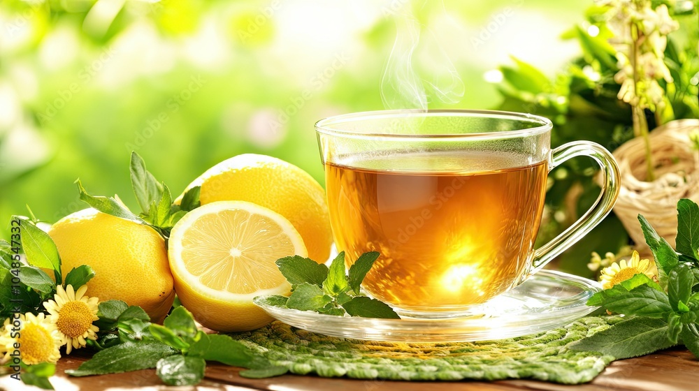 A glass kettle brewing tea next to a filled glass cup, with slices of lemon and fresh herbs surrounding the setup on a light table. A glass kettle brewing tea next to a filled glass cup, with slices of lemon and fresh herbs surrounding the setup on a light table.