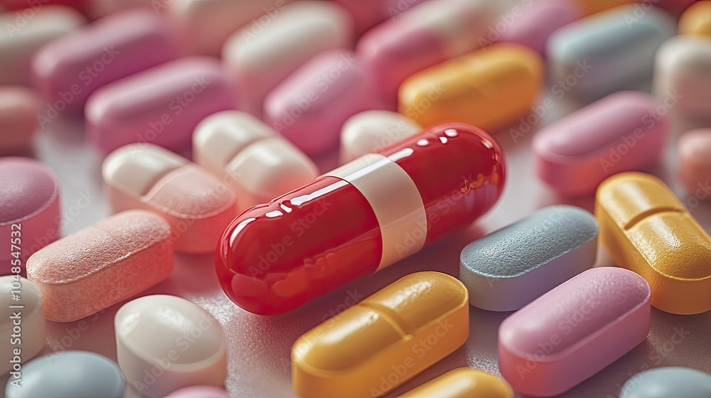 A colorful array of pharmaceutical pills and capsules spread across a white surface, with one large red and white pill standing out in the foreground.