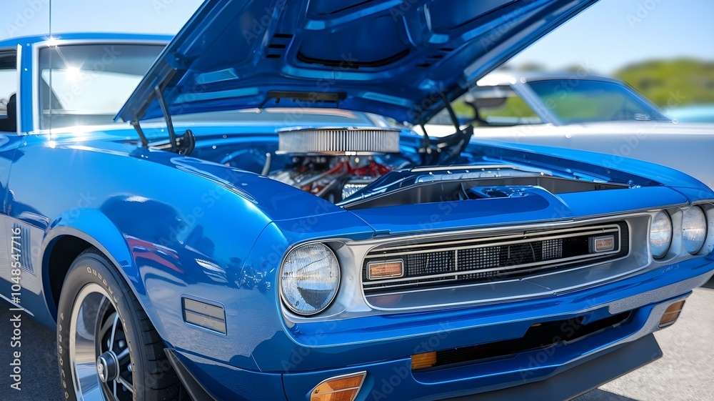 Fototapeta premium Classic American Muscle: Close-Up of a Stunning Blue Vintage Car with the Hood Open, Showcasing the Powerful Engine and Immaculate Design at a Car Show