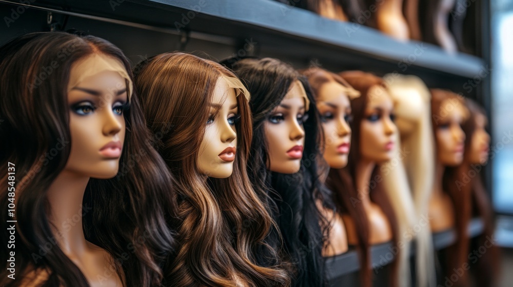 A row of mannequin heads with long hair on display A row of mannequin heads with long hair on display