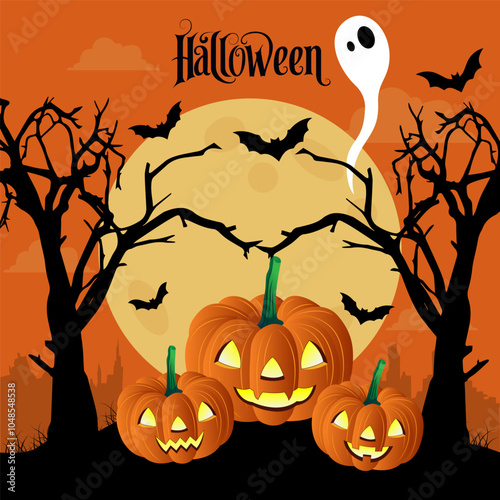  It shows a full moon, bats, a spooky tree jack o lanterns a ghost and the word Halloween in a spooky font The overall atmosphere is dark and eerir perfect for Halloween