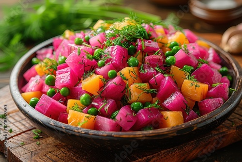 A serving of venigret, a Russian beet salad with potatoes, carrots, and peas, garnished with fresh dill. photo