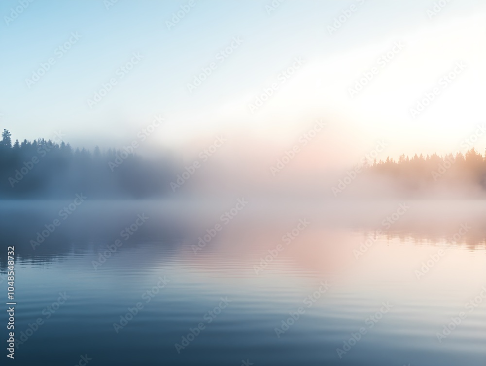 Fototapeta premium Serene Morning Mist Over Calm Lake Waters