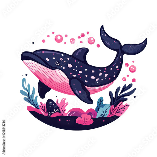 A flat style whale illustration, isolate on white background, emphasizing simplicity and form. cutout png photo