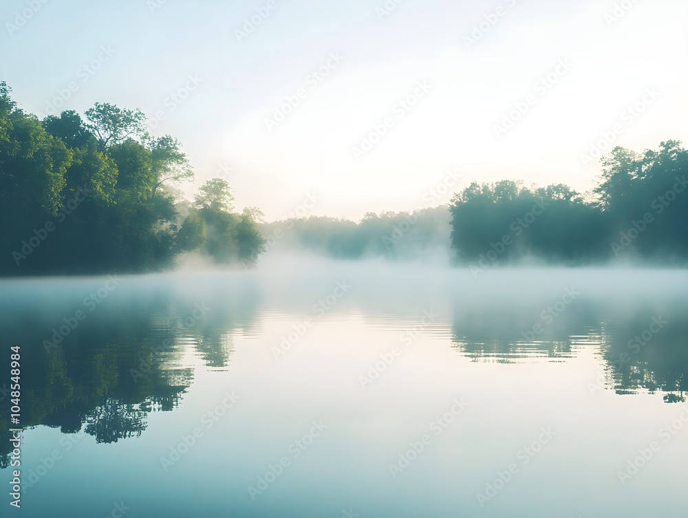 Fototapeta premium Serene Morning Mist Over Tranquil Lake Water