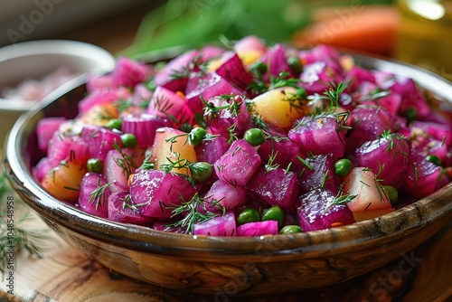 A serving of venigret, a Russian beet salad with potatoes, carrots, and peas, garnished with fresh dill. photo