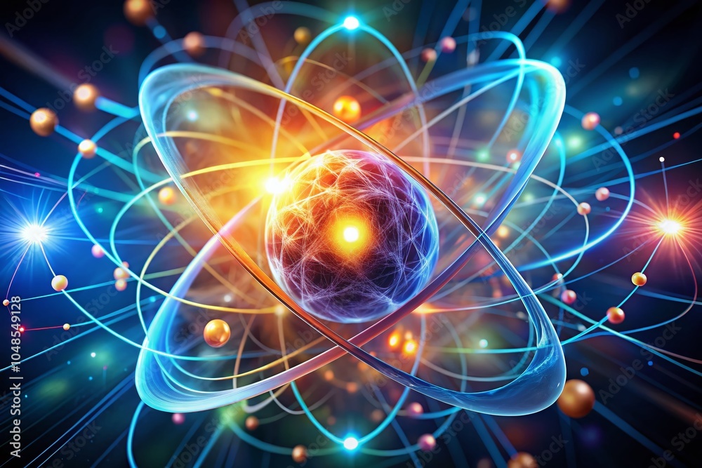 Abstract Glowing Atom with Swirling Energy in Low Light Photography for Science and Technology Imagery