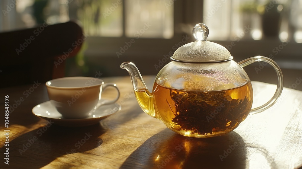 A modern glass teapot with loose leaf tea brewing, next to an empty glass cup, with sunlight streaming in through the window. A modern glass teapot with loose leaf tea brewing, next to an empty glass cup, with sunlight streaming in through the window.