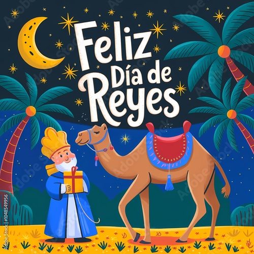 Feliz Dia de Reyes Celebration with Three Kings and Colorful Gifts