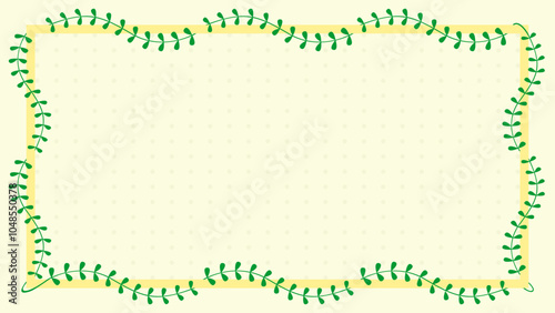Yellow frame with green vines on light background with polka dots. Ideal for spring design projects, invitations, cards, or social media posts