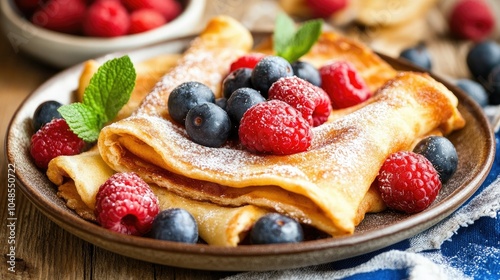 A plate of crispy sweet roti cut into squares, dusted with powdered sugar and served with a side of fresh berries, creating a colorful dessert.