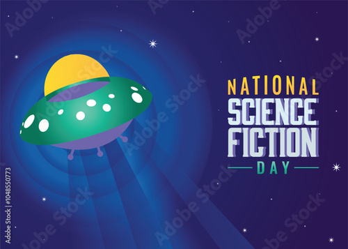 National science fiction day on January 2. Trendy design horizontal banner, flyer, poster and greeting card. Sci-Fi Celebration. Beautiful space background with ufo, Space rocket. Vector illustration