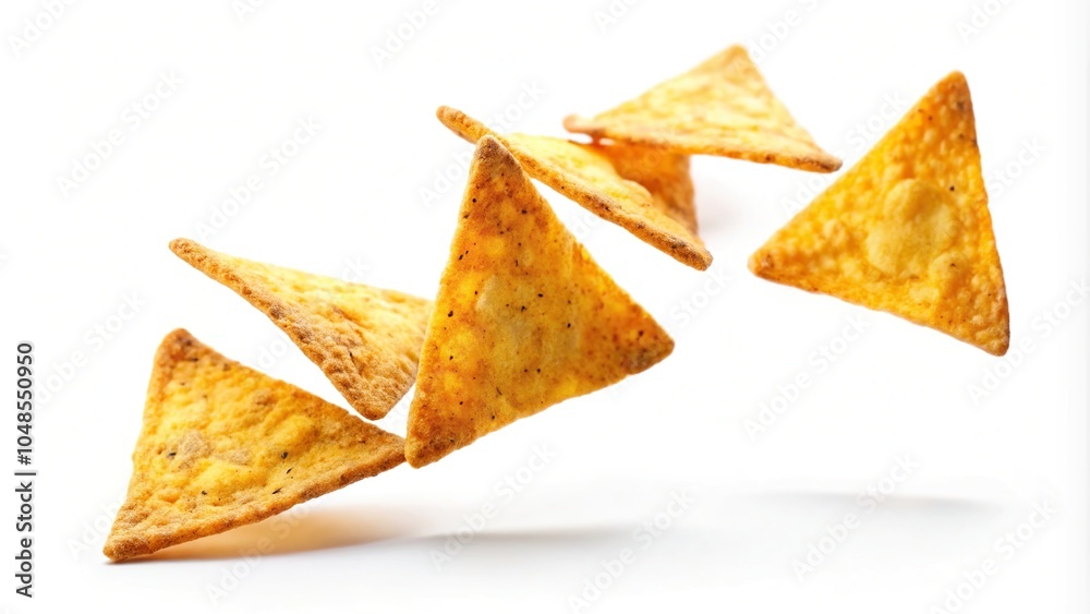 Triangular corn chips floating on white background