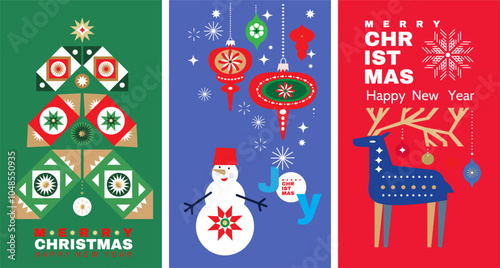 Merry Christmas and Happy New Year  holiday abstract background  template set cards  design with Gifts,  ball toy, christmas tree,  garland  Modern Xmas flat  vector illustration