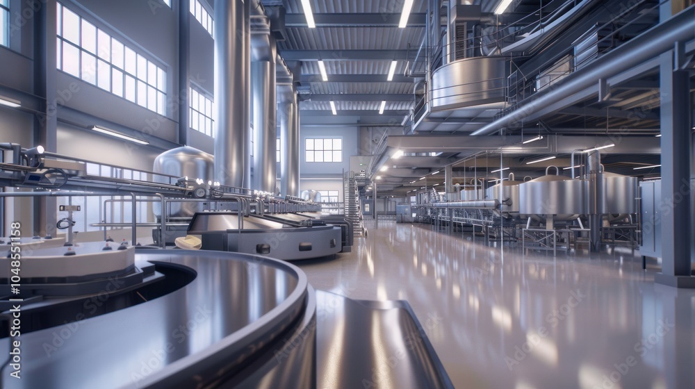 Fototapeta premium Industrial Facility Interior with Steel Tanks and Machinery