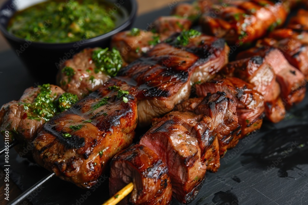 A skewer of churrasco, featuring a variety of grilled meats such as beef, chicken, and sausage, served with chimichurri sauce