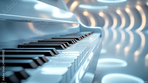 A white grand piano with black keys sits in a futuristic, white room with soft, glowing lights.