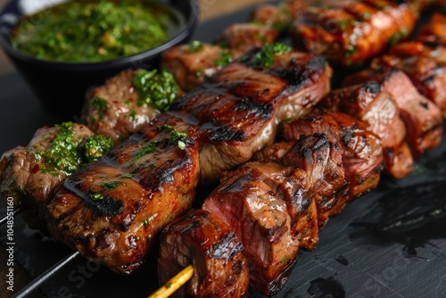 A skewer of churrasco, featuring a variety of grilled meats such as beef, chicken, and sausage, served with chimichurri sauce