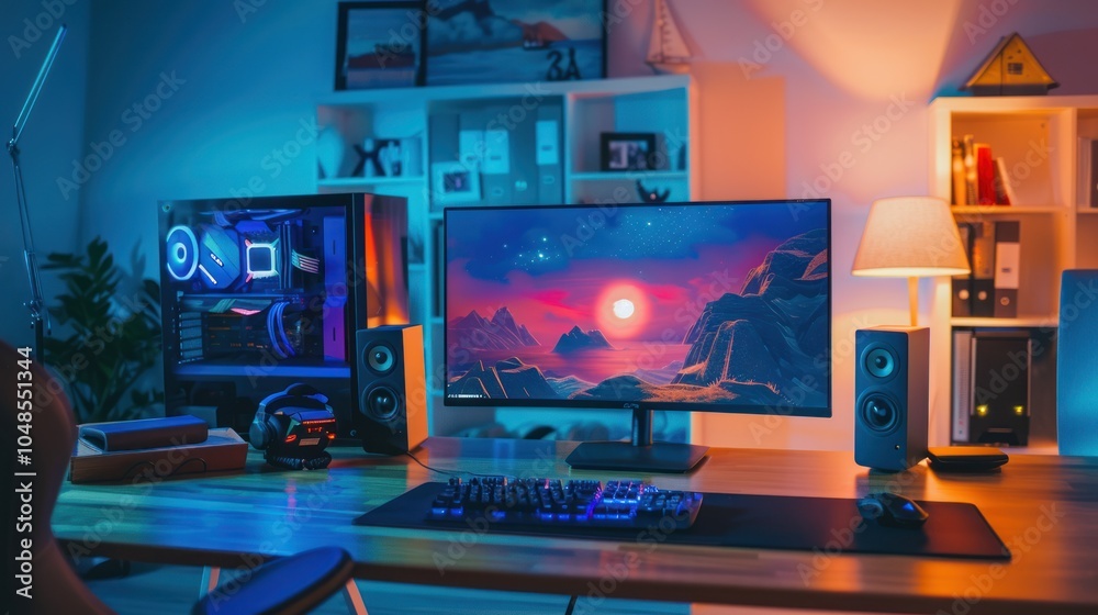 Gaming Setup with Colorful Lighting and Desktop PC Gaming Setup with Colorful Lighting and Desktop PC