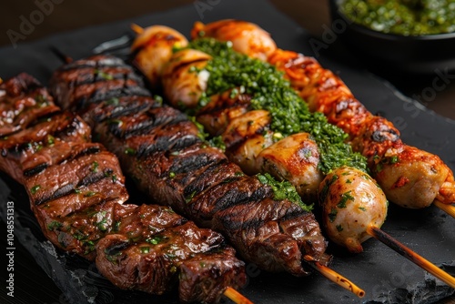 A skewer of churrasco, featuring a variety of grilled meats such as beef, chicken, and sausage, served with chimichurri sauce