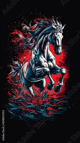 illustration of A running white horse, Action shot,fine fur, hair fluttering in the wind, shimmering river, black background, artwork wallpaper