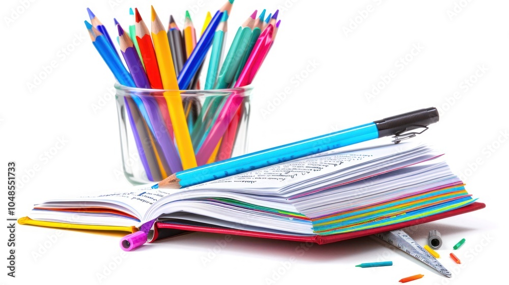 Colorful Pencils, Notebook, and Writing Utensils on a White Background Colorful Pencils, Notebook, and Writing Utensils on a White Background