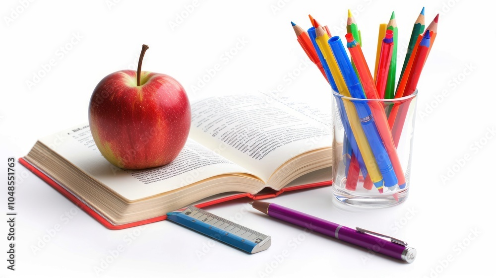 Red Apple, Open Book, Pens, and Pencil in Glass Red Apple, Open Book, Pens, and Pencil in Glass