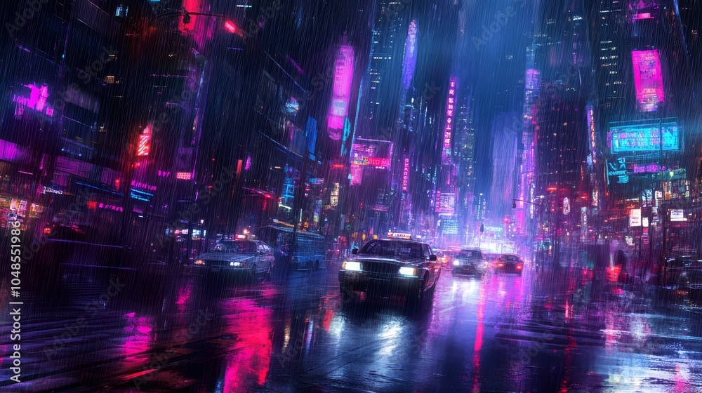 Obraz premium Neon Cityscape at Night with Rain-soaked Streets