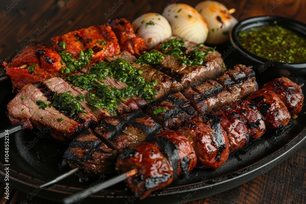 A skewer of churrasco, featuring a variety of grilled meats such as beef, chicken, and sausage, served with chimichurri sauce A skewer of churrasco, featuring a variety of grilled meats such as beef, chicken, and sausage, served with chimichurri sauce