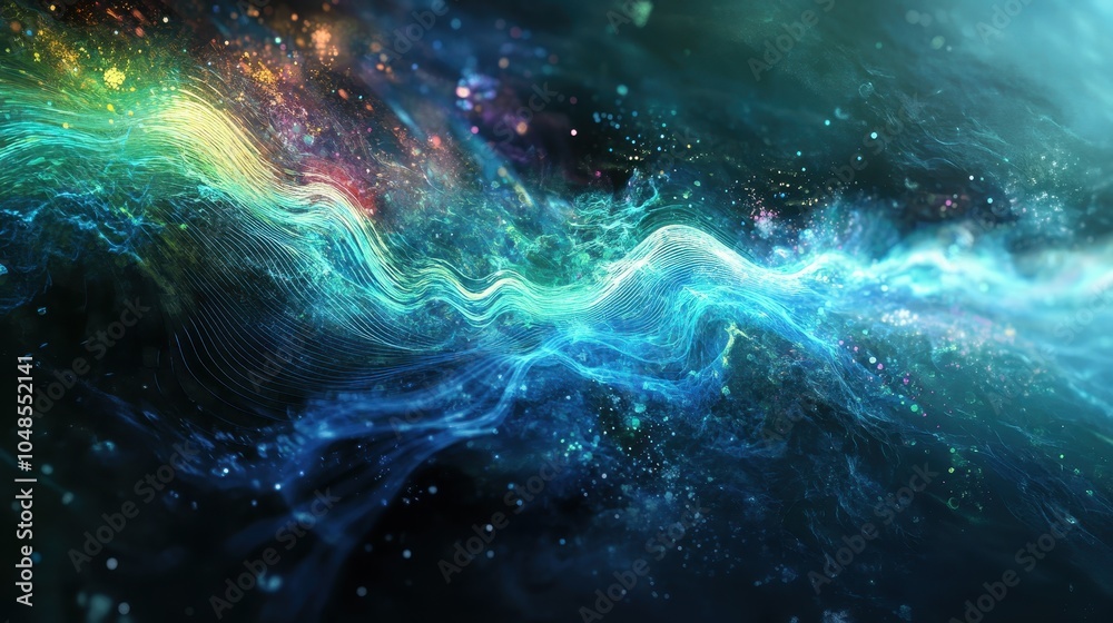 Abstract Blue and Green Swirling Wave Background with Glowing Particles. Abstract Blue and Green Swirling Wave Background with Glowing Particles.