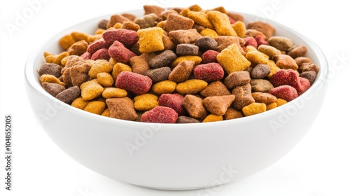 A simple white bowl filled with dry cat food, with a variety of kibble shapes and colors, isolated on a plain white background for a minimalist, clean look.