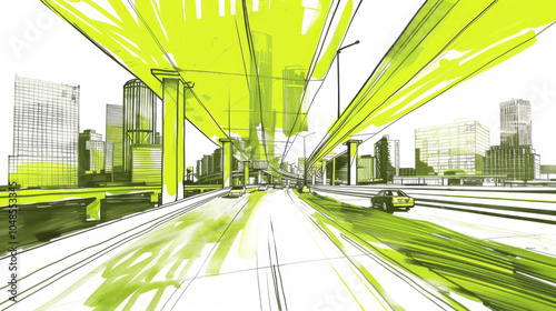 sketch of a highway overpass with a city in the background