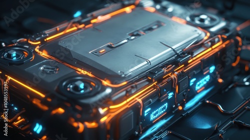 Futuristic Metal Box with Glowing Orange and Blue Lights - Sci-Fi Concept