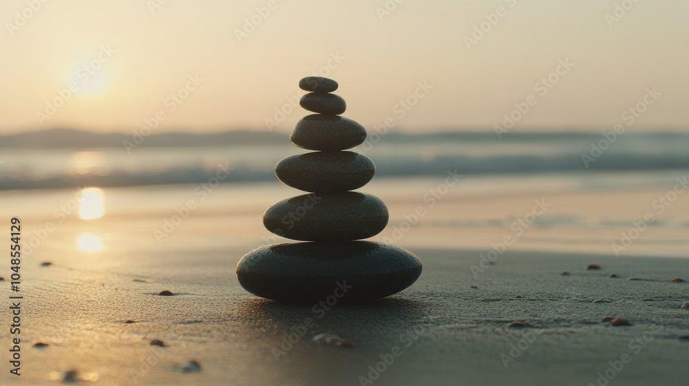 A symbolic tower of stones on the beach at dawn, with the calm sea and rising sun, representing balance, serenity, and inner calm. A symbolic tower of stones on the beach at dawn, with the calm sea and rising sun, representing balance, serenity, and inner calm.