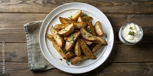 Wallpaper Mural Crispy golden potato wedges served on a white plate with herbs and a small bowl of dip at a rustic wooden table Torontodigital.ca